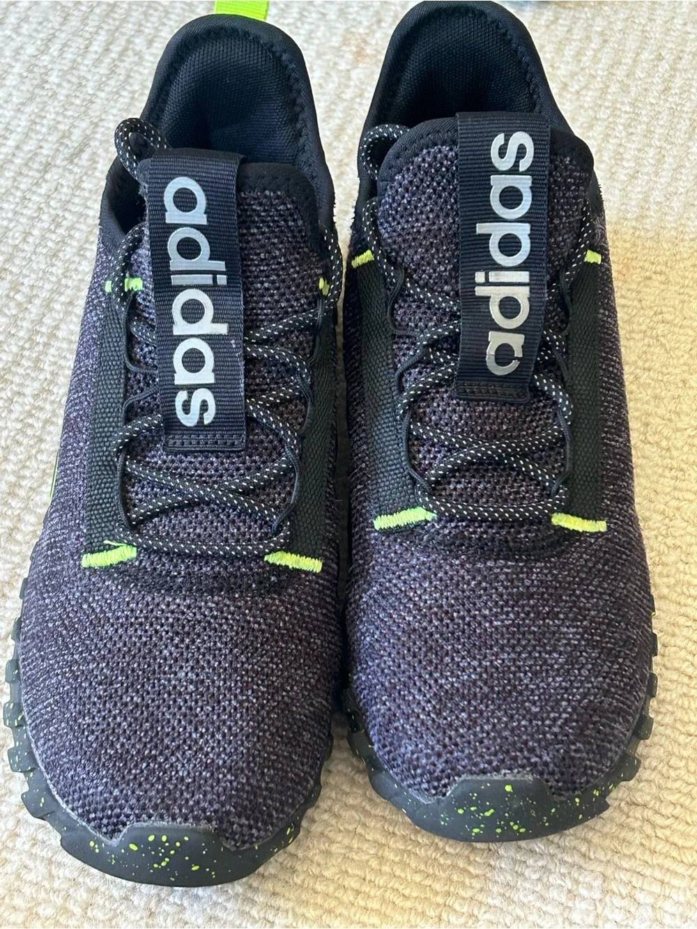 adidas Kids Black Knit Sneakers with Neon Green Accents